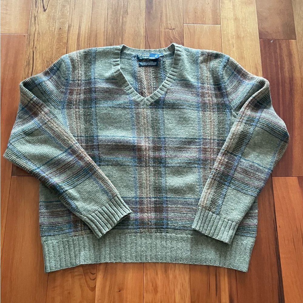 Polo Ralph Lauren Plaid V-Neck Sweater in Green and Blue